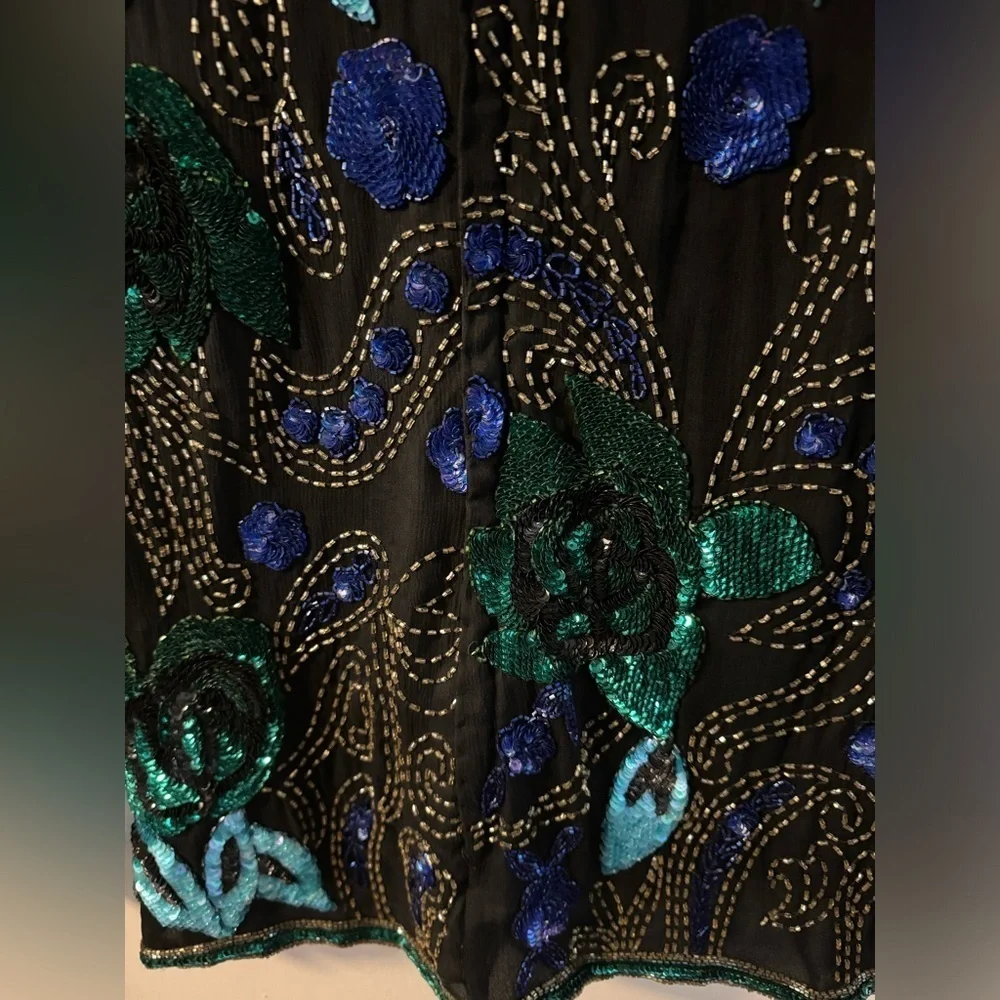VTG Scala Beaded Silk Blouse Long Sleeve Elegant Party Sparkle Top Blue Purple - Picture 14 of 16